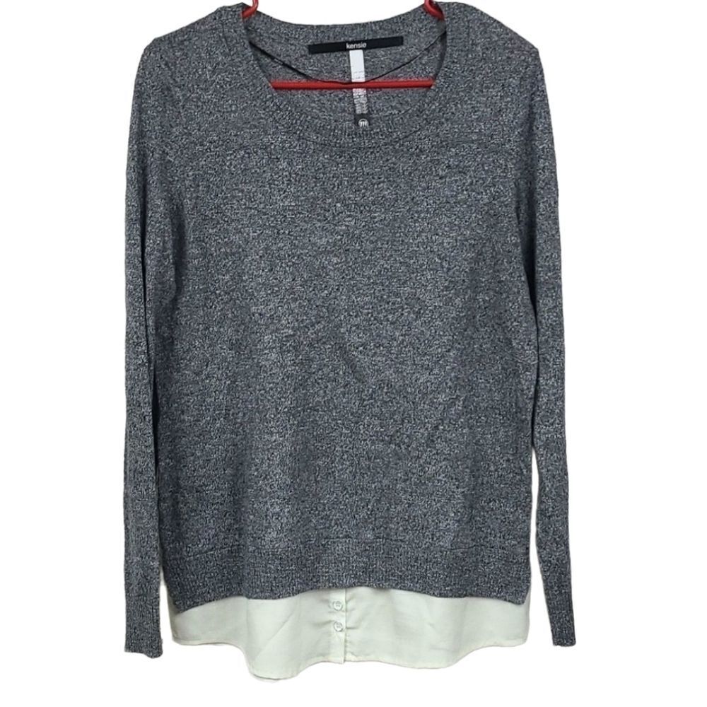 Kensie Soft Charcoal Gray Scoop Sweater w/ Shirt Layered Look Pullover Tunic -M